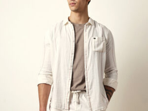 white vertical woven stripe slim fit casual shirt