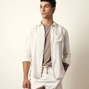white vertical woven stripe slim fit casual shirt