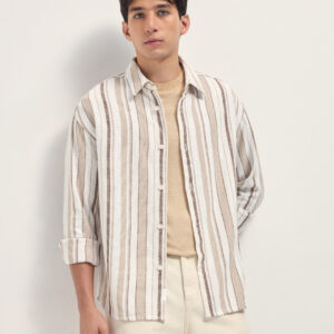 white and beige woven vertical stripe relaxed fit overshirt