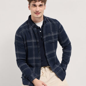 dark blue checked slim fit casual flannel shirt