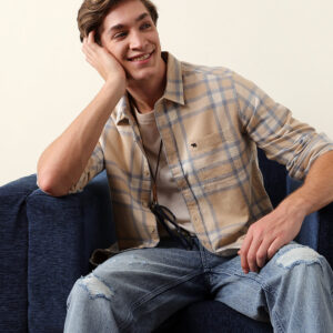 beige & blue regular fit checked flannel casual shirt