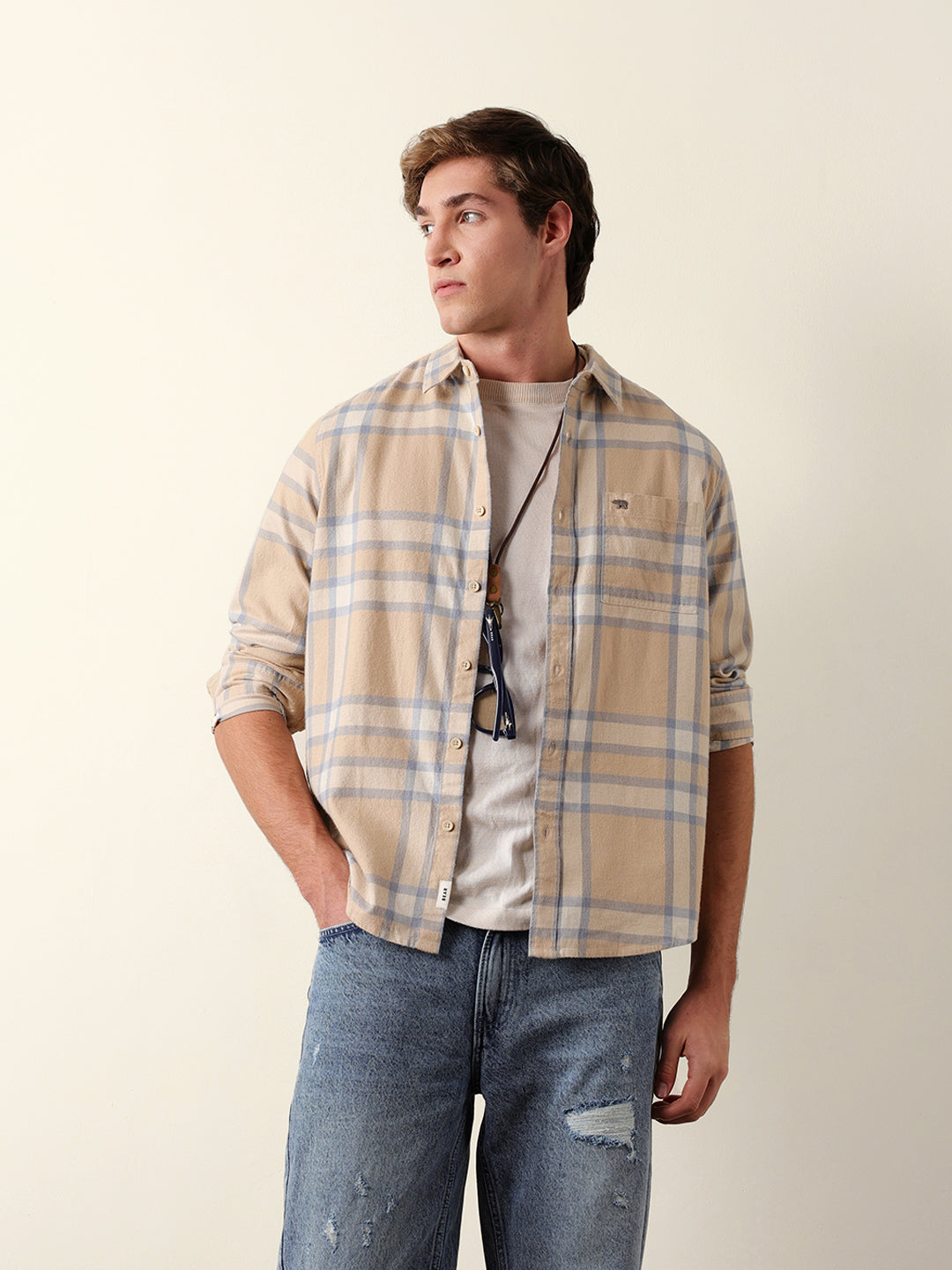 beige & blue regular fit checked flannel casual shirt beige & blue regular fit checked flannel casual shirt