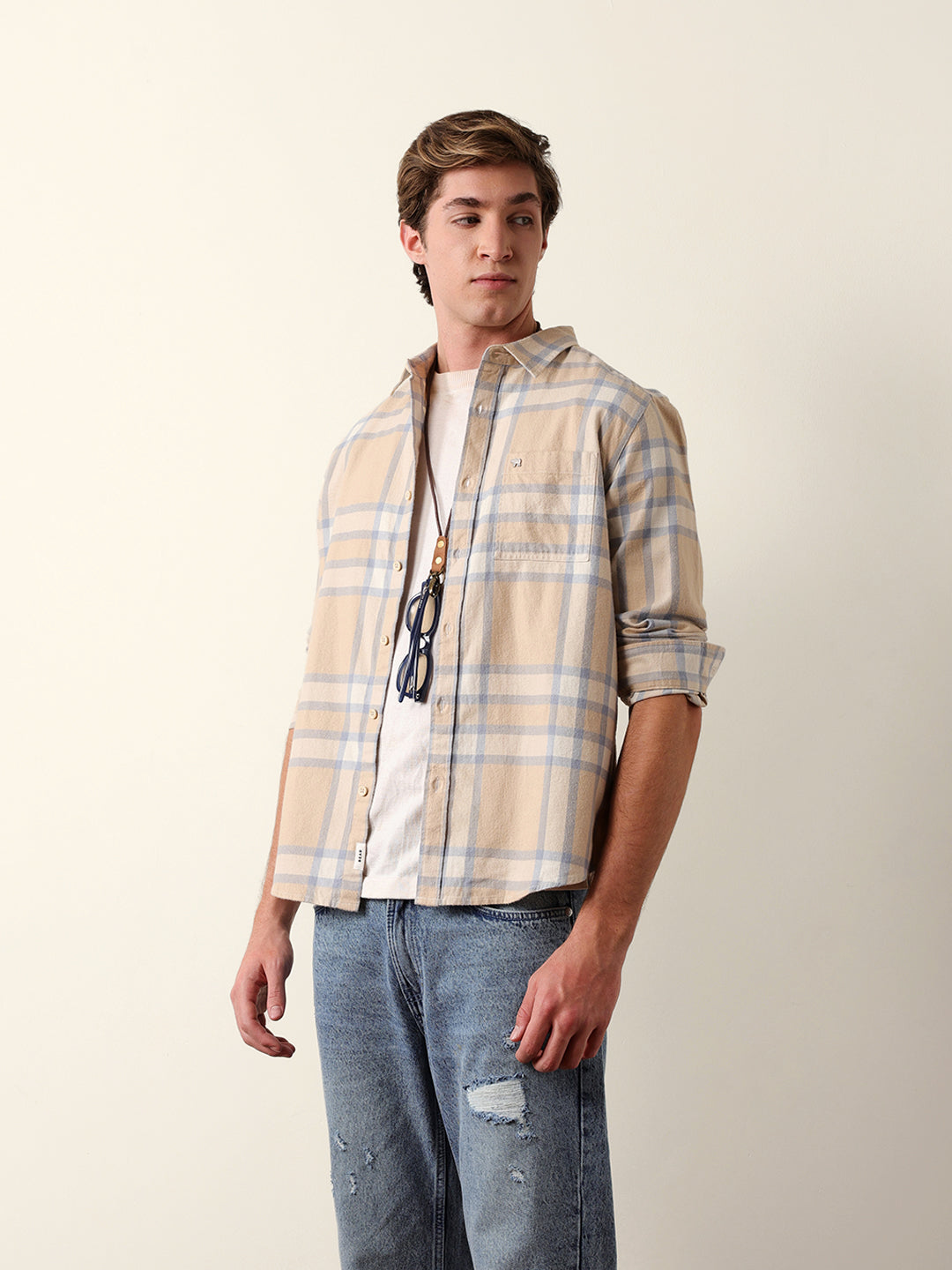 beige & blue regular fit checked flannel casual shirt beige & blue regular fit checked flannel casual shirt