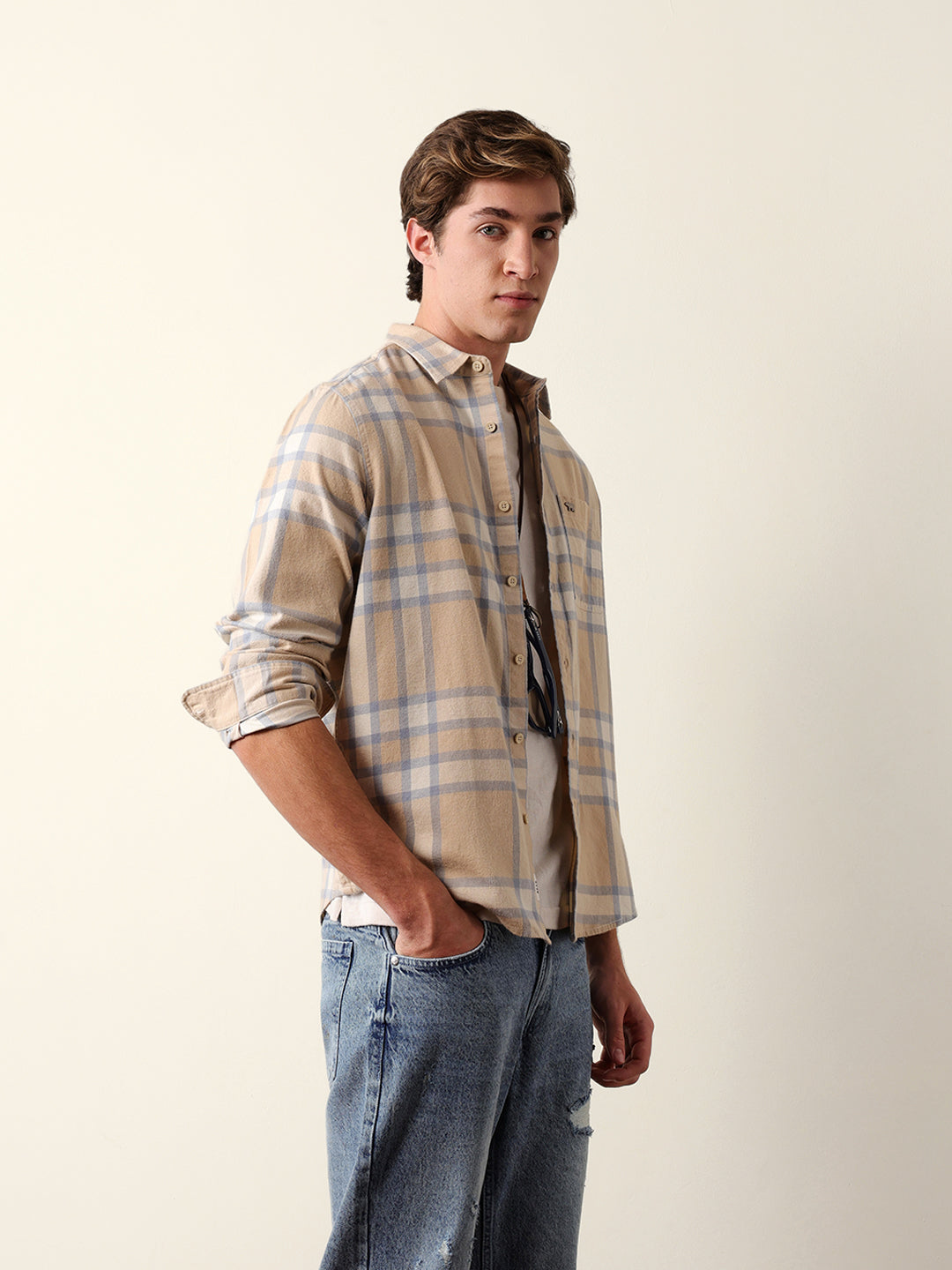 beige & blue regular fit checked flannel casual shirt beige & blue regular fit checked flannel casual shirt