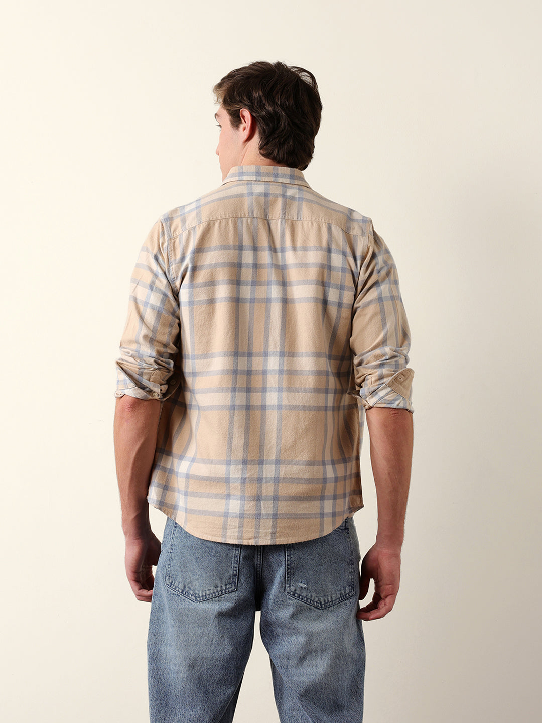 beige & blue regular fit checked flannel casual shirt beige & blue regular fit checked flannel casual shirt