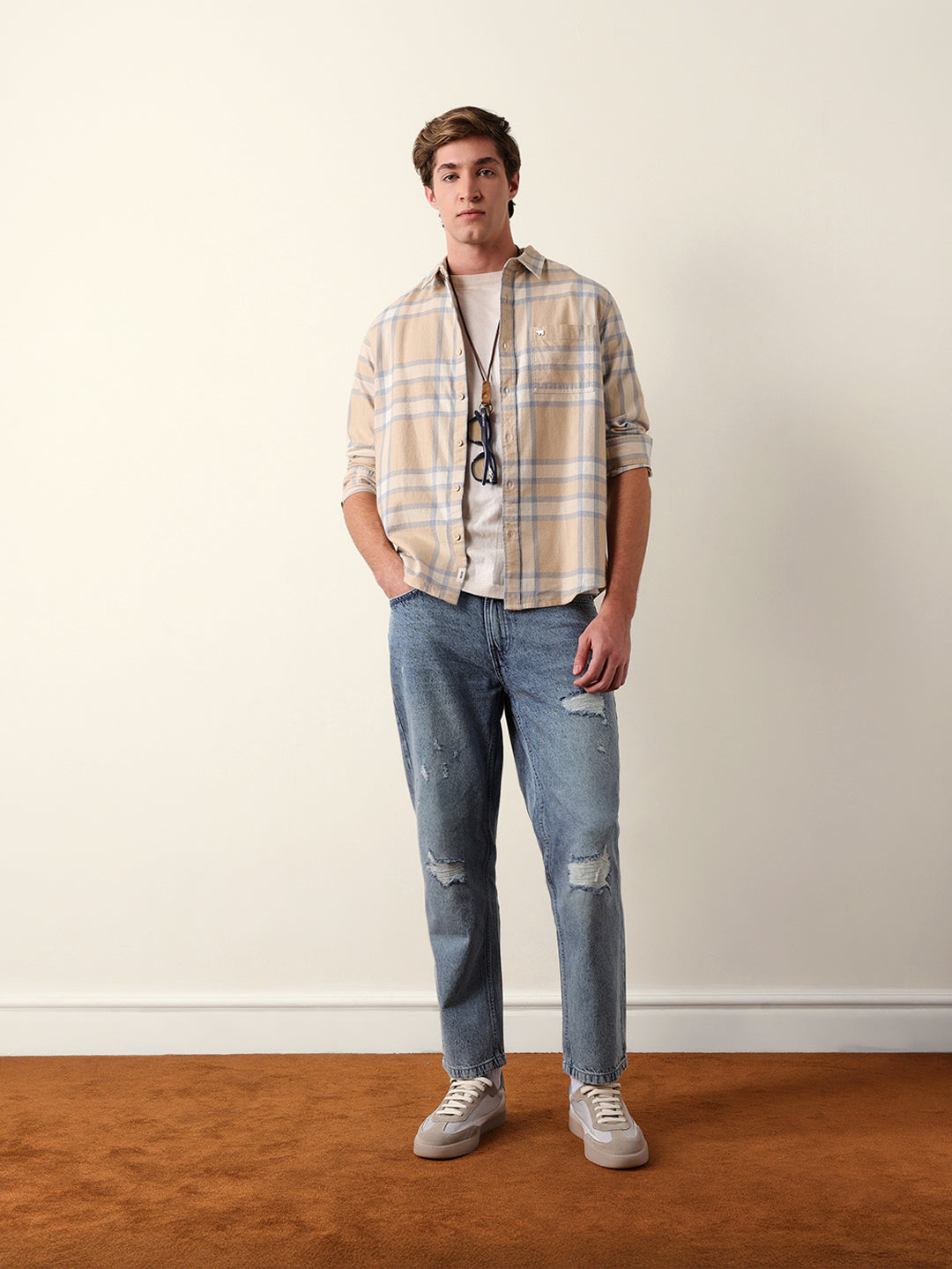 beige & blue regular fit checked flannel casual shirt beige & blue regular fit checked flannel casual shirt