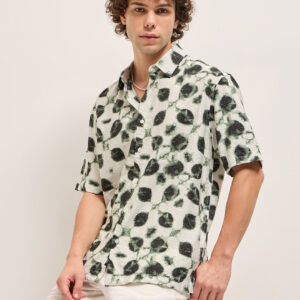 cream with dark green foliage print relax fit casual shirt