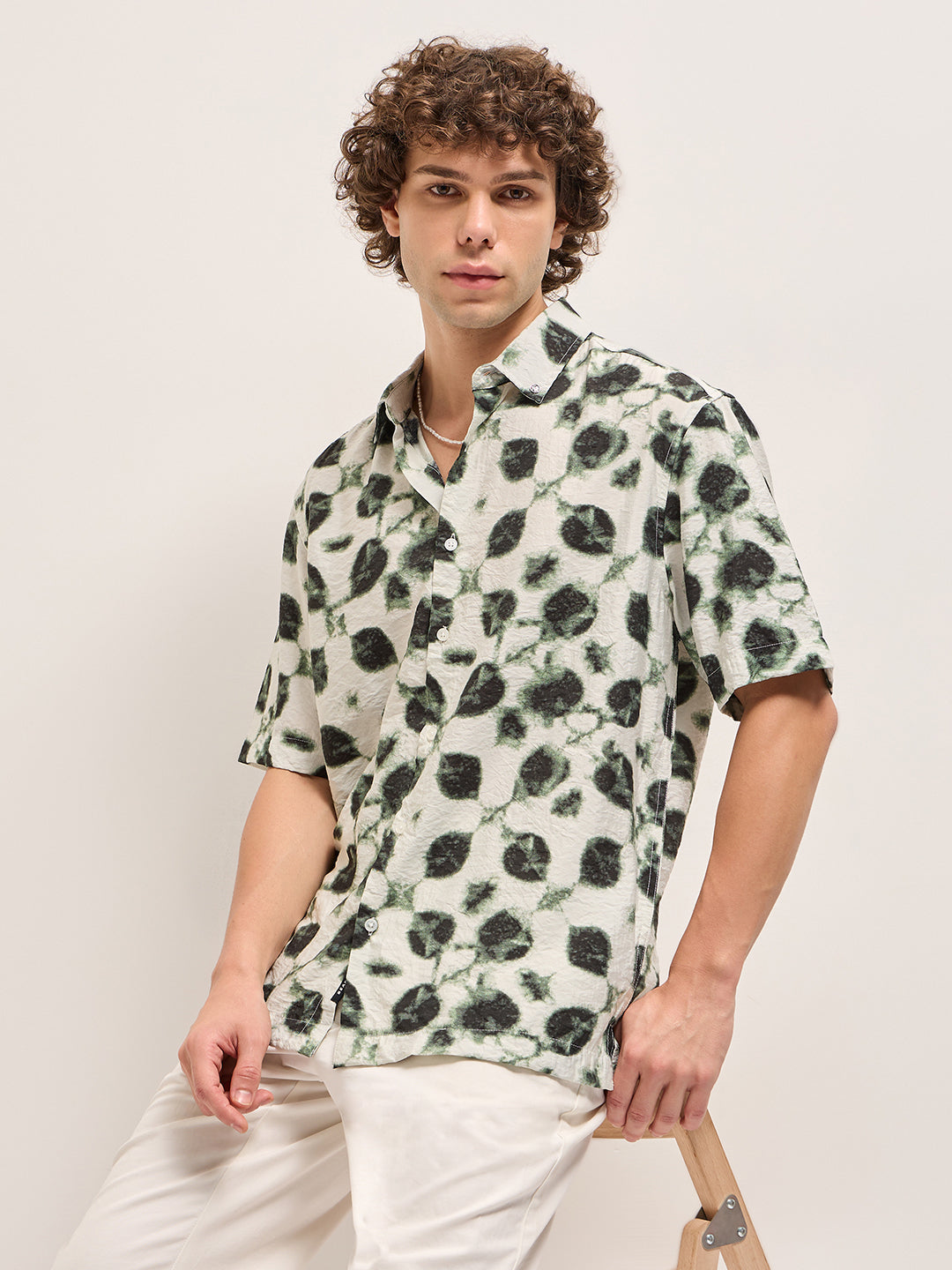 cream with dark green foliage print relax fit casual shirt cream with dark green foliage print relax fit casual shirt