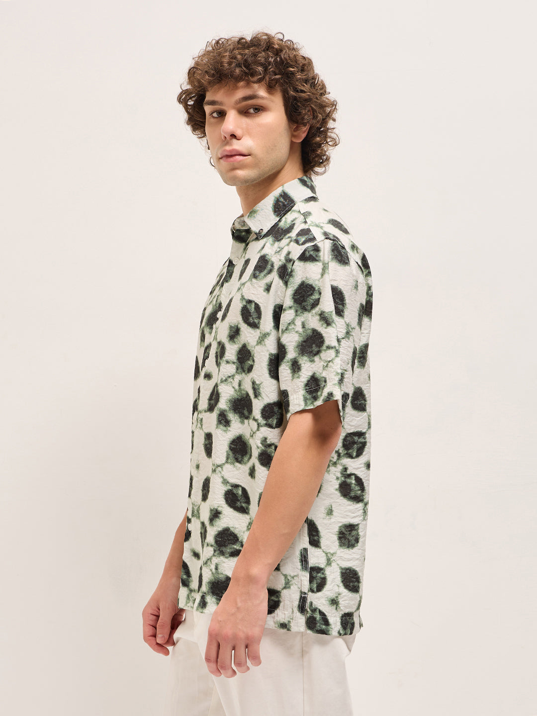 cream with dark green foliage print relax fit casual shirt cream with dark green foliage print relax fit casual shirt