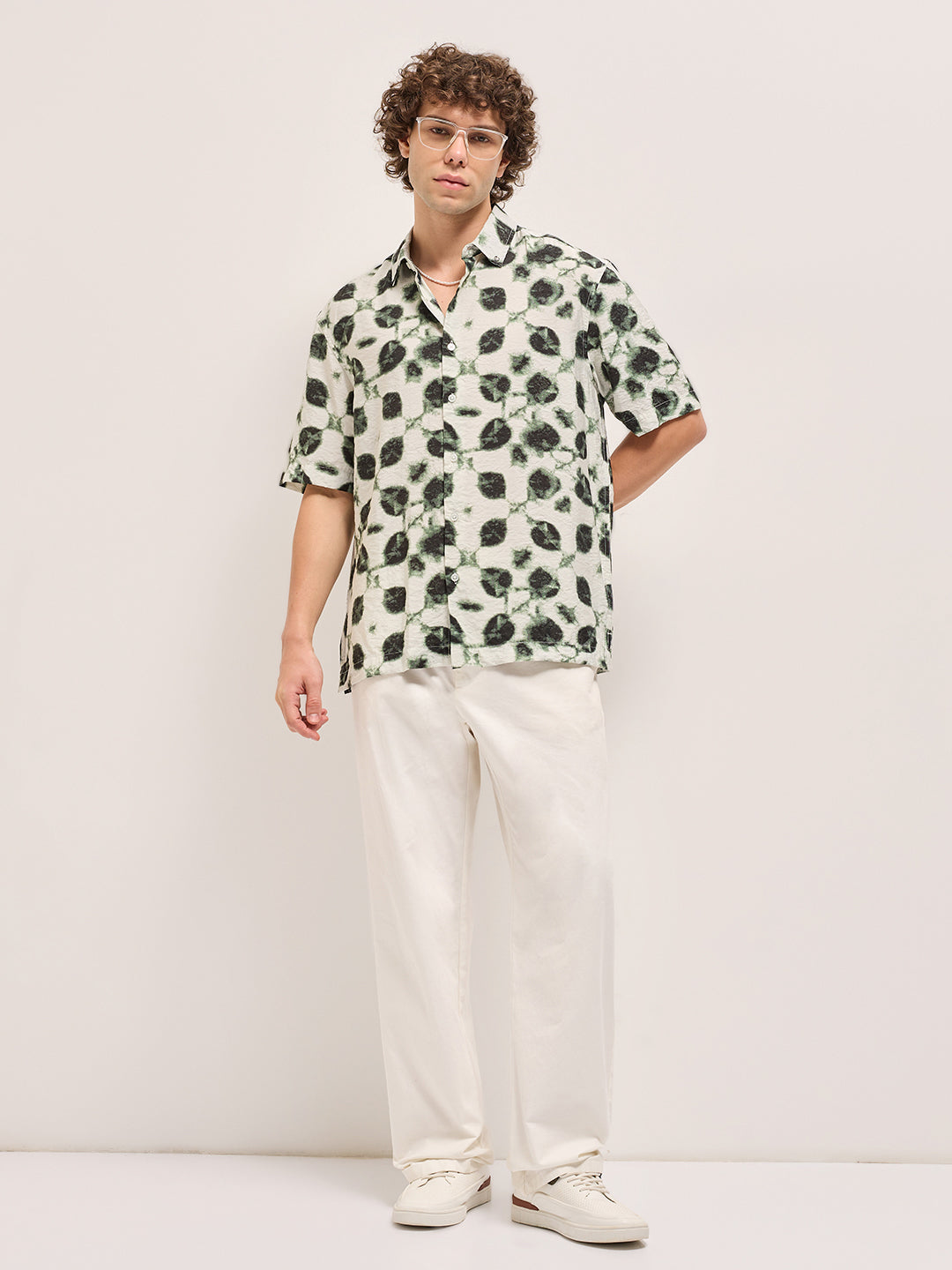 cream with dark green foliage print relax fit casual shirt cream with dark green foliage print relax fit casual shirt