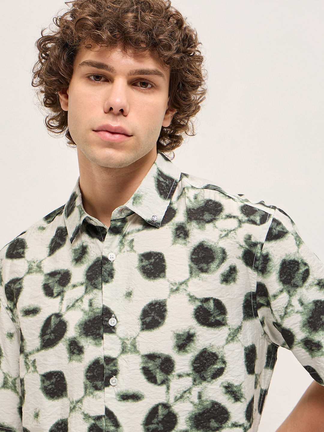 cream with dark green foliage print relax fit casual shirt cream with dark green foliage print relax fit casual shirt