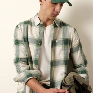 green & cream checked flannel regular fit casual shirt