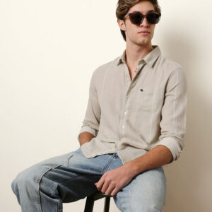 light green vertical woven stripe slim fit casual shirt
