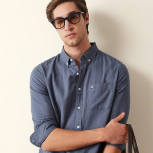 blue solid slim fit cotton casual shirt