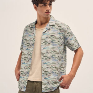 multicolor relaxed fit cuban collar shirt with leaf motif print