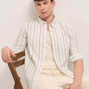 cream woven vertical stripes slim fit casual shirt