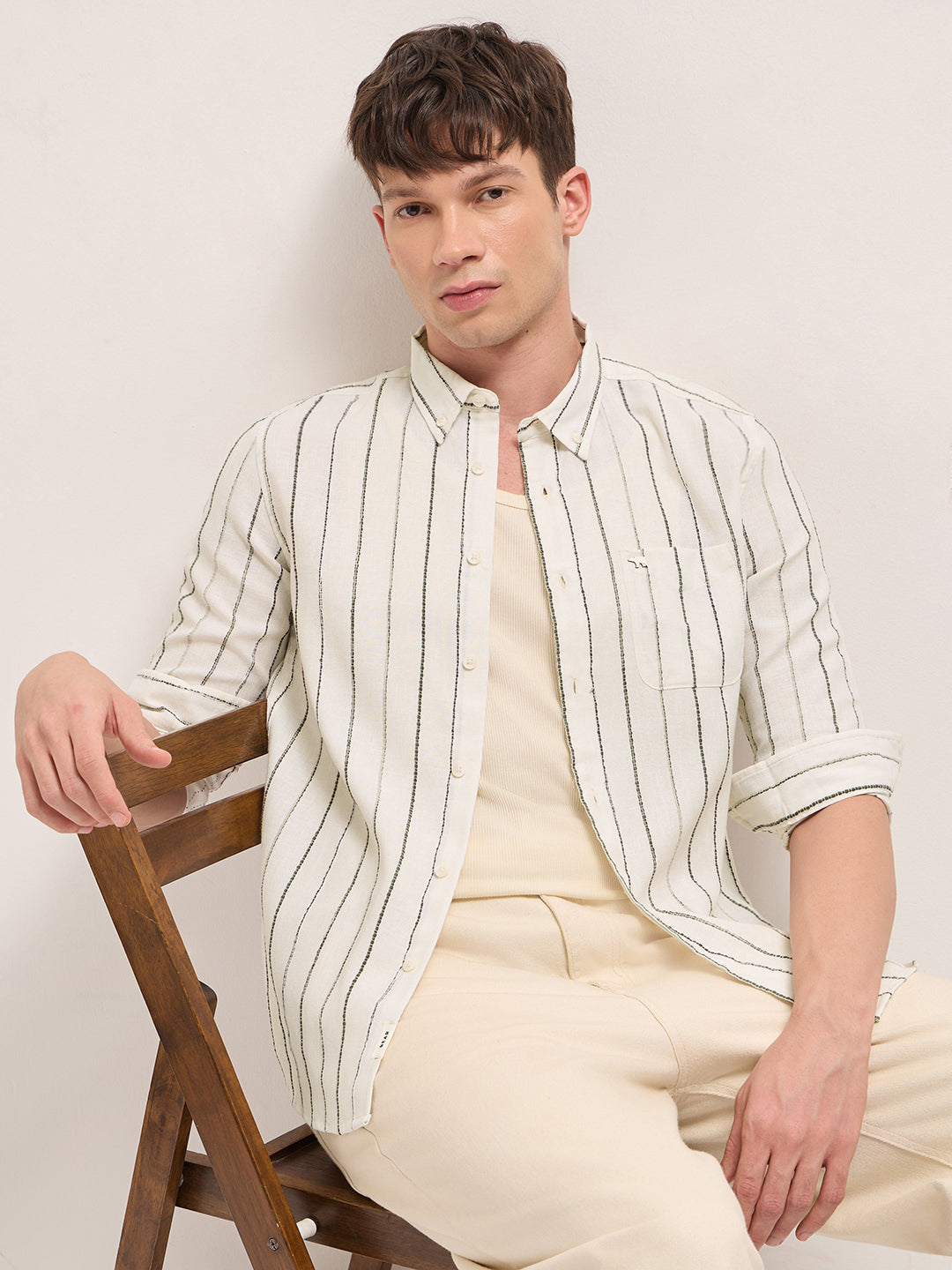 cream woven vertical stripes slim fit casual shirt cream woven vertical stripes slim fit casual shirt