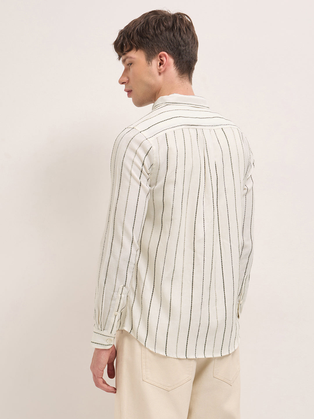 cream woven vertical stripes slim fit casual shirt cream woven vertical stripes slim fit casual shirt