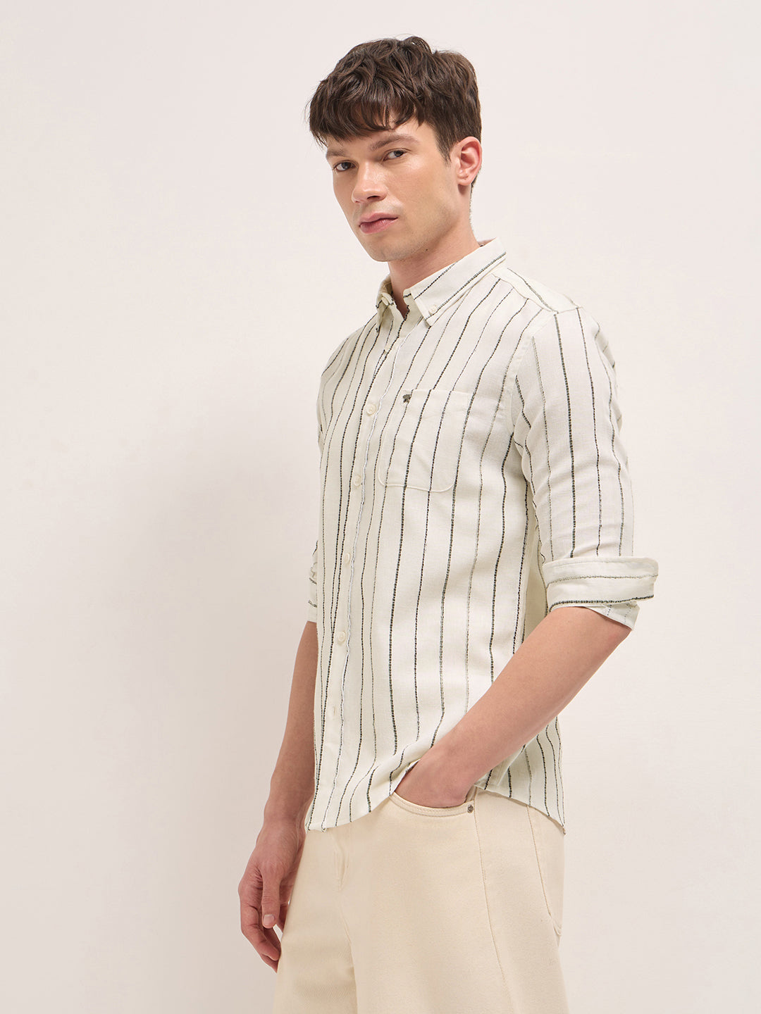 cream woven vertical stripes slim fit casual shirt cream woven vertical stripes slim fit casual shirt