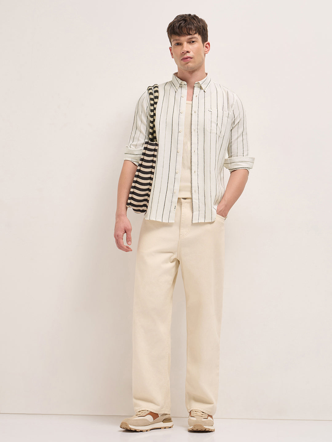 cream woven vertical stripes slim fit casual shirt cream woven vertical stripes slim fit casual shirt