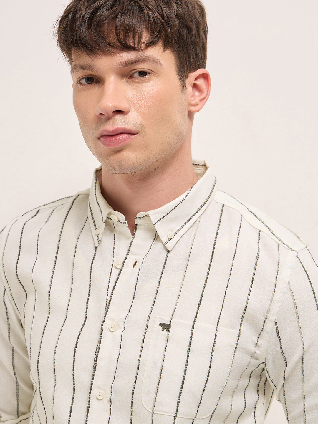 cream woven vertical stripes slim fit casual shirt cream woven vertical stripes slim fit casual shirt