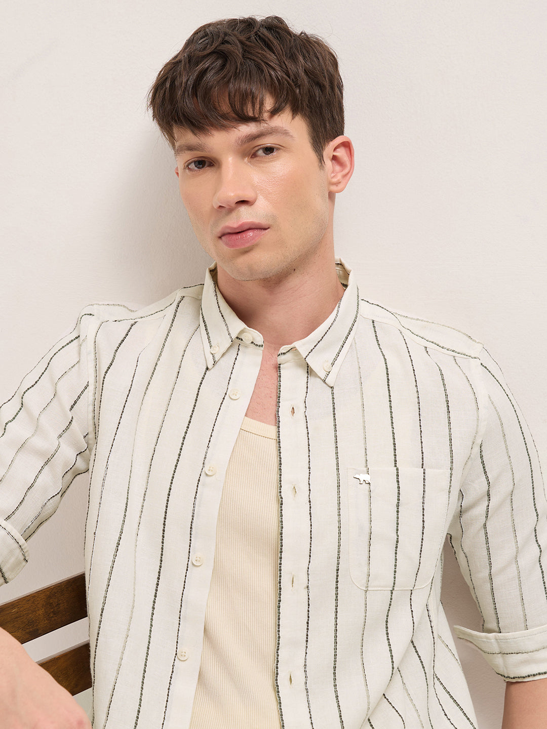 cream woven vertical stripes slim fit casual shirt cream woven vertical stripes slim fit casual shirt