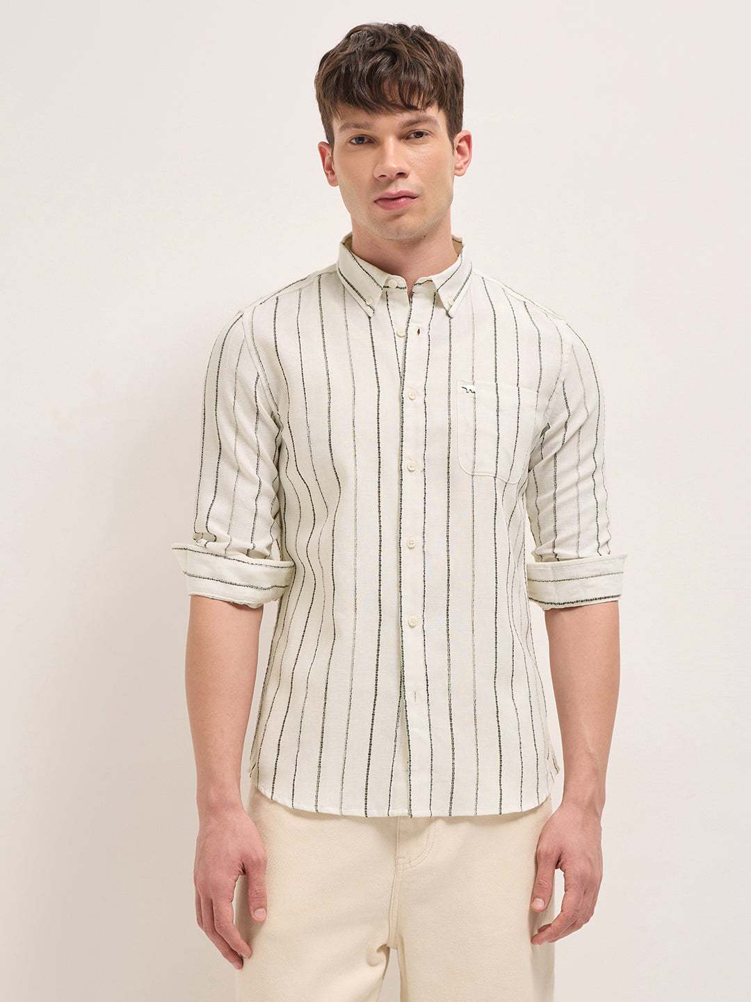 cream woven vertical stripes slim fit casual shirt cream woven vertical stripes slim fit casual shirt