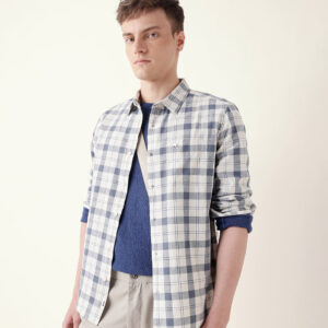 white with blue woven checkered slim fit casual shirt