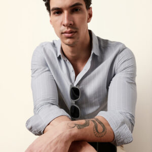 light grey vertical woven stripe slim fit casual shirt