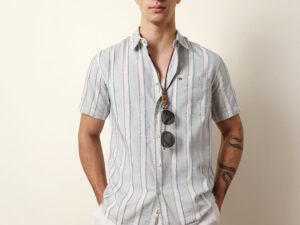 blue & white vertical chenille stripe regular fit casual shirt