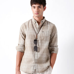 light brown slim fit plaid check woven casual shirt