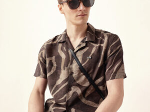 brown with beige relaxed fit abstract stroke print half sleeve casual shirt