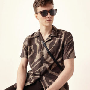 brown with beige relaxed fit abstract stroke print half sleeve casual shirt