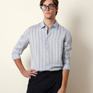 light blue slim fit casual shirt with woven semi transparent vertical stripes