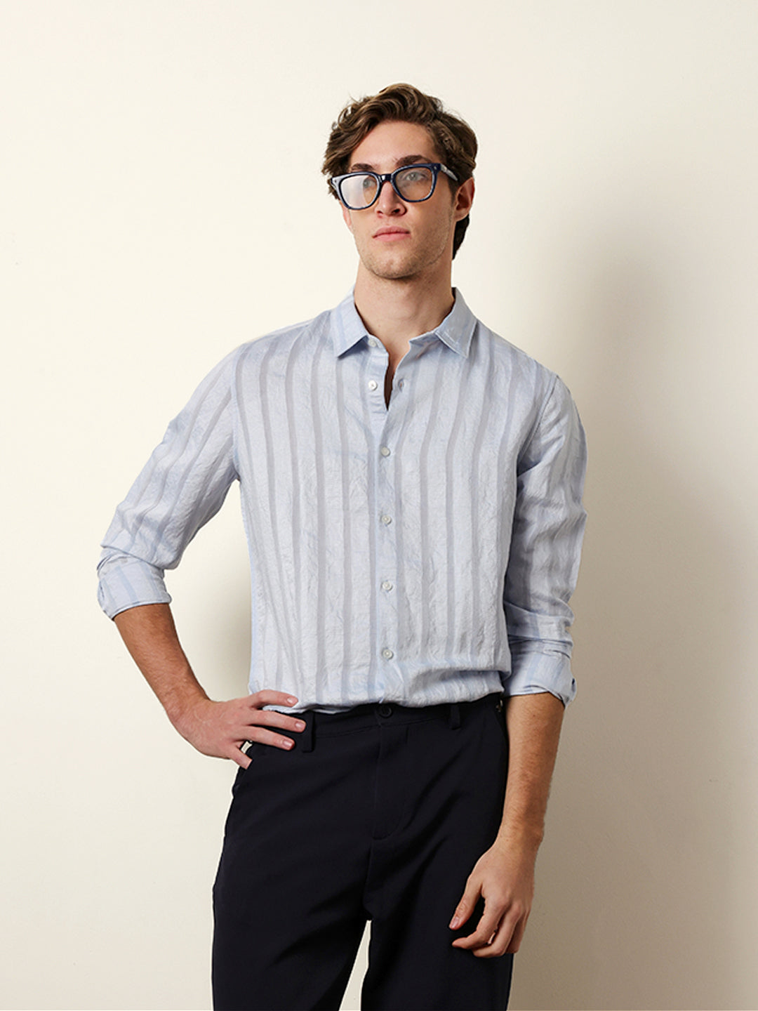 light blue slim fit casual shirt with woven semi transparent vertical stripes light blue slim fit casual shirt with woven semi transparent vertical stripes