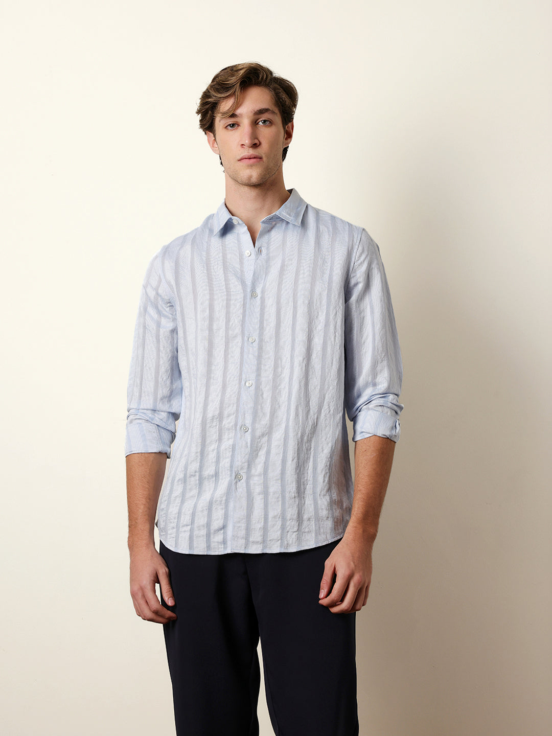 light blue slim fit casual shirt with woven semi transparent vertical stripes light blue slim fit casual shirt with woven semi transparent vertical stripes