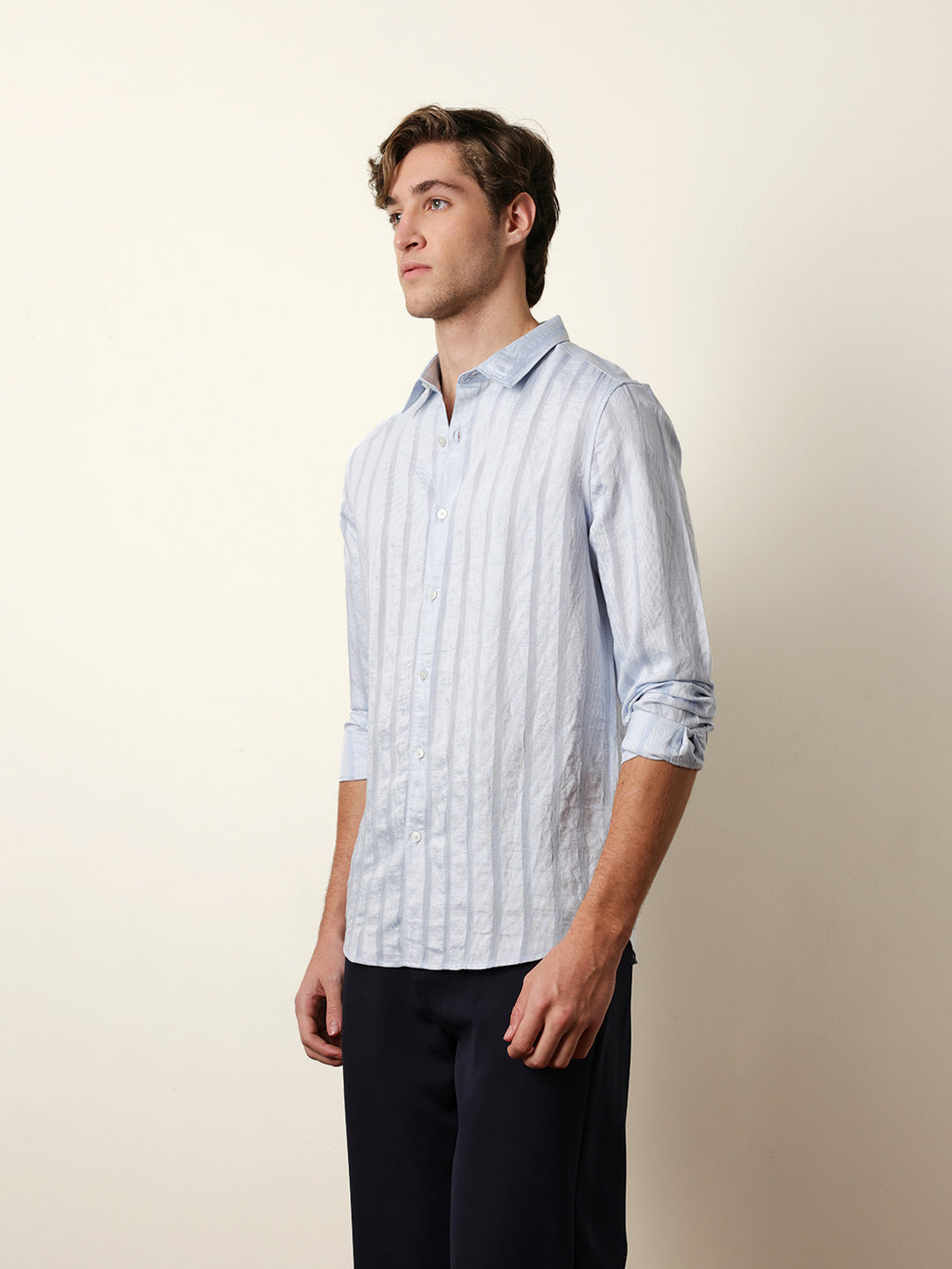 light blue slim fit casual shirt with woven semi transparent vertical stripes light blue slim fit casual shirt with woven semi transparent vertical stripes