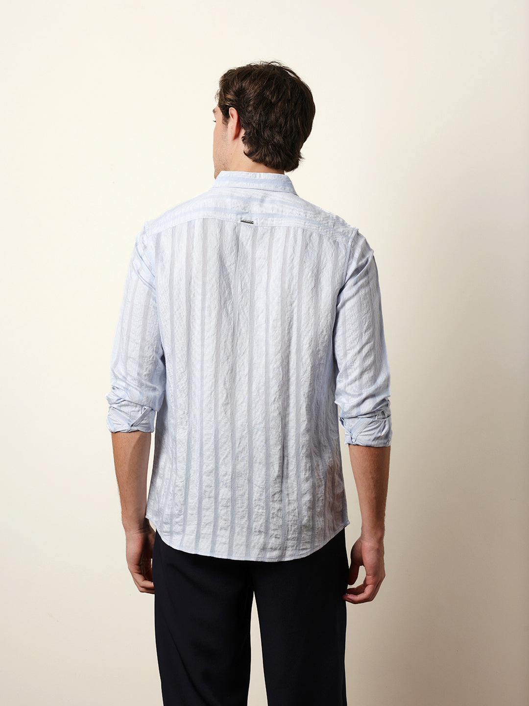light blue slim fit casual shirt with woven semi transparent vertical stripes light blue slim fit casual shirt with woven semi transparent vertical stripes