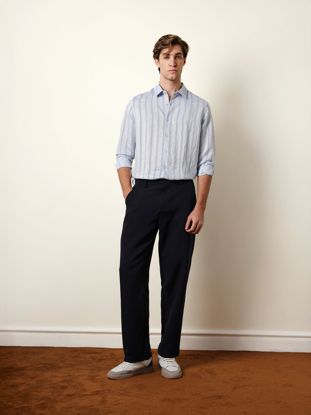 light blue slim fit casual shirt with woven semi transparent vertical stripes light blue slim fit casual shirt with woven semi transparent vertical stripes