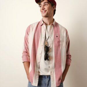 red & cream woven striped flannel regular fit casual shirt