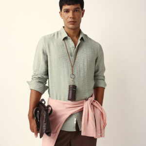 light green crinkle textured slim fit casual shirt