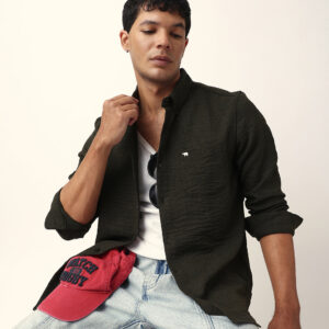 olive slim fit casual shirt with woven textured design