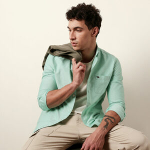 green solid cotton slim fit casual shirt