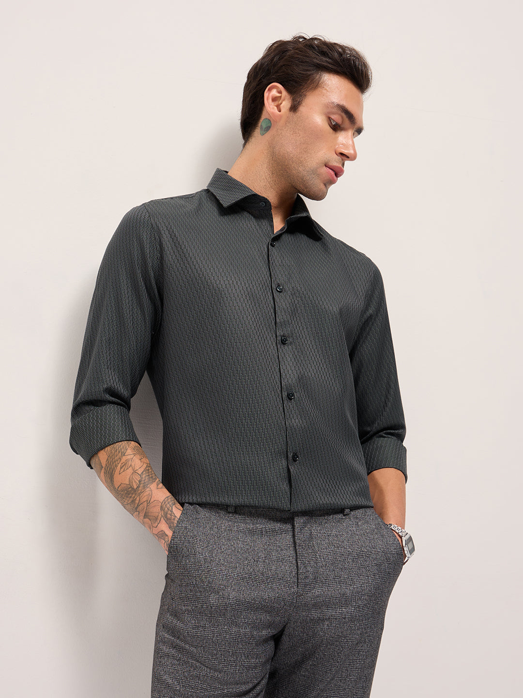green woven design tailored fit formal shirt green woven design tailored fit formal shirt