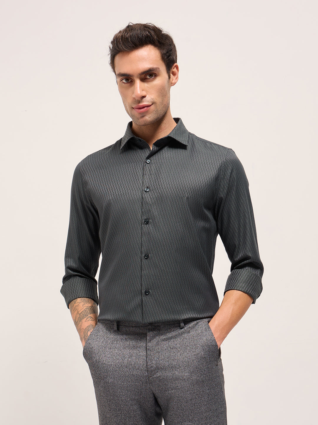 green woven design tailored fit formal shirt green woven design tailored fit formal shirt