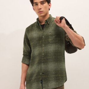green woven check flannel slim fit casual shirt