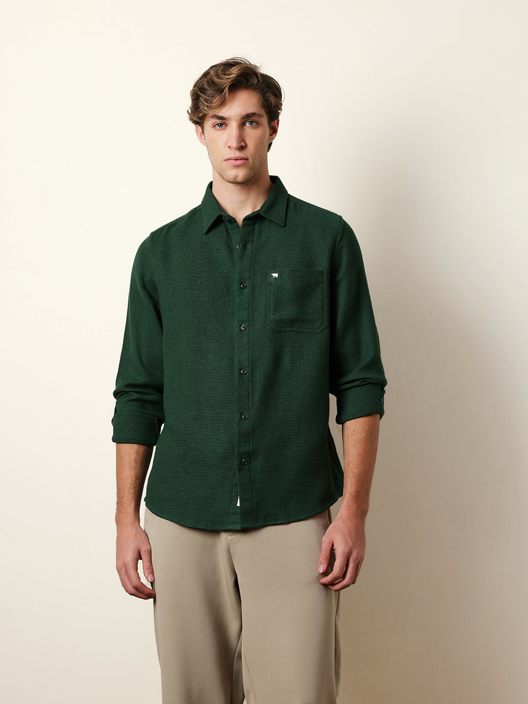 green woven textured regular fit casual shirt green woven textured regular fit casual shirt