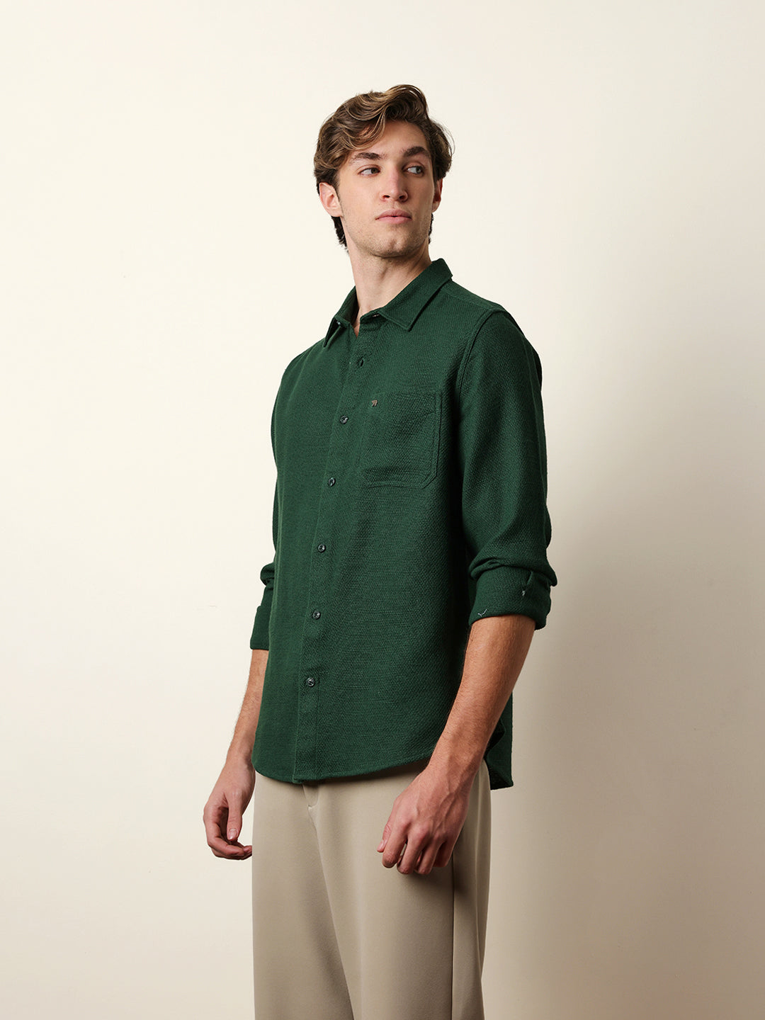 green woven textured regular fit casual shirt green woven textured regular fit casual shirt