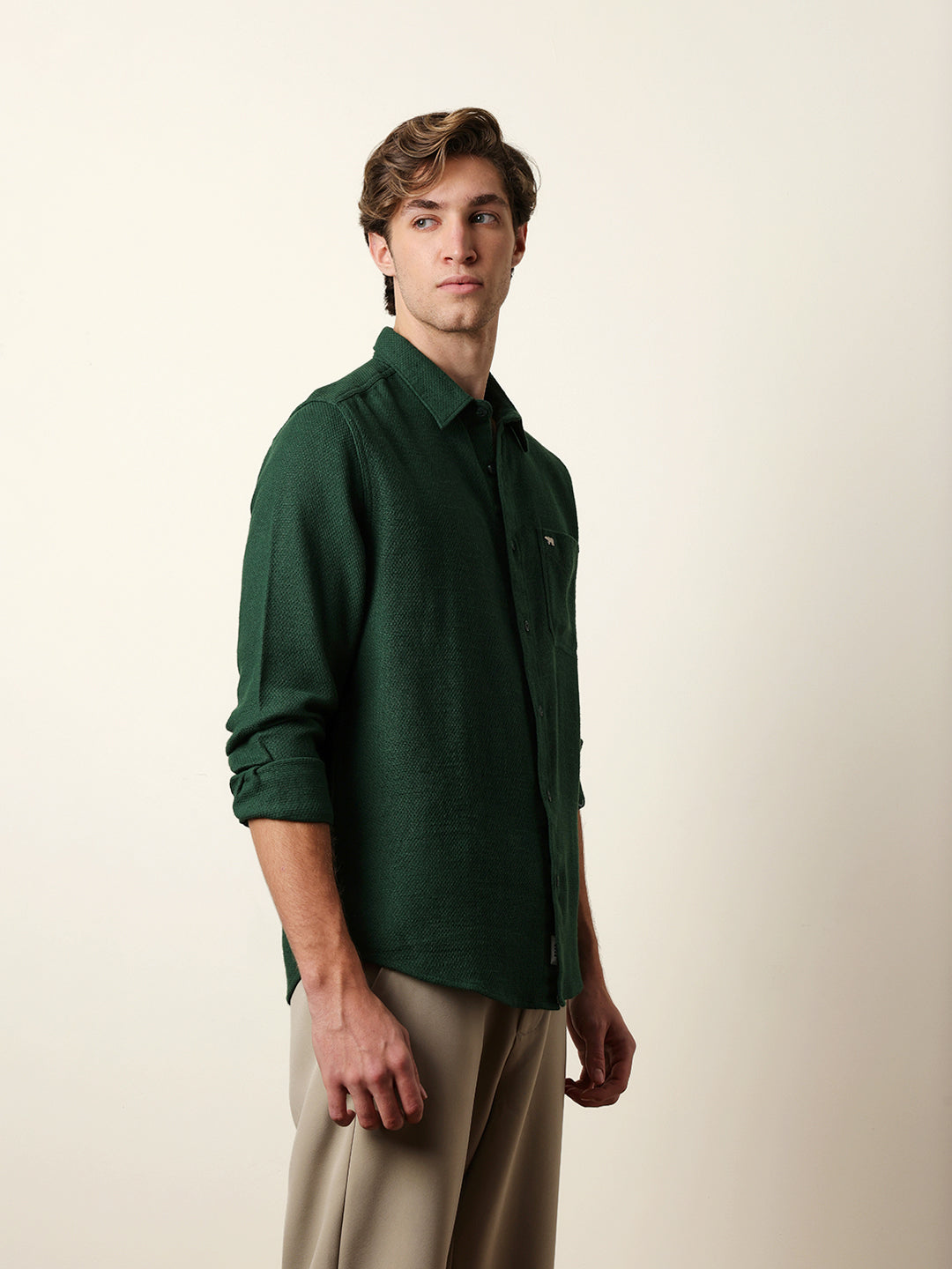 green woven textured regular fit casual shirt green woven textured regular fit casual shirt