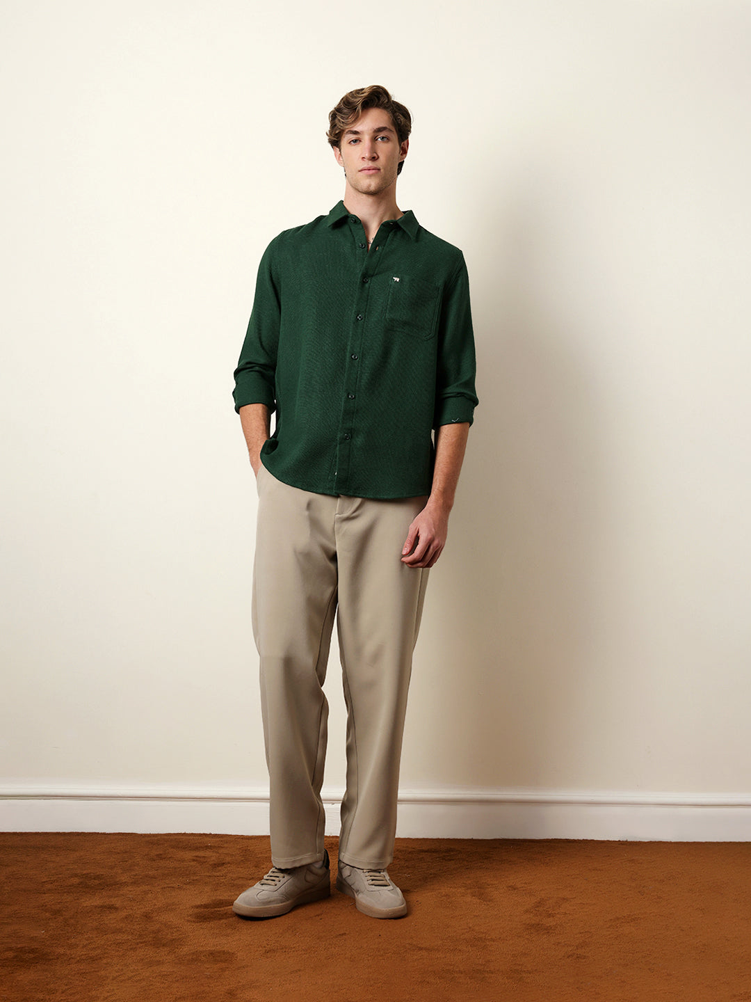 green woven textured regular fit casual shirt green woven textured regular fit casual shirt